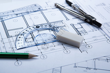 利用纸张和工具方案绘图商业橡皮草稿几何学桌面计算乐器建设图片