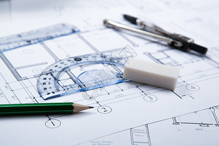 利用纸张和工具房子铅笔造型绘图乐器设计师橡皮桌面工程建筑学图片