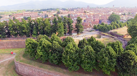 卢卡古城墙的空中景象 意大利托斯卡纳绿色历史历史性天空石头城市堡垒建筑学建筑蓝色图片