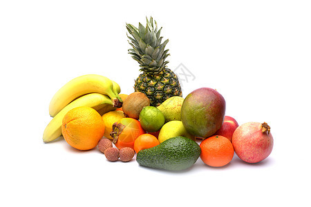 将白色上孤立的异国水果分类季节收成桃子奇异果橙子柠檬食物饮食团体香蕉图片