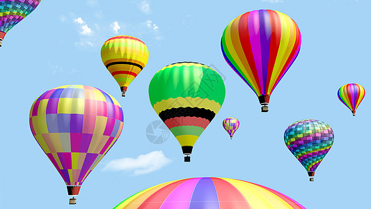 蓝色天空中飞过几个热气球图片