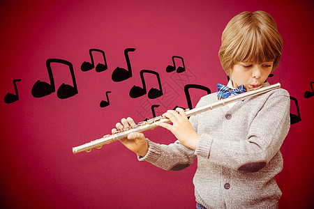 可爱学生玩长笛的复合形象金发女郎小学生颤声男性领结知识音乐爱好头发童年背景图片