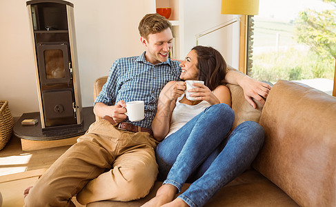 快乐的年轻夫妇在沙发上放松住所男人微笑家庭家庭生活服装房子咖啡长椅棕色图片