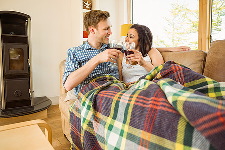 快乐的年轻情侣在沙发上放松 红酒和红酒家庭头发男性家庭生活长椅房子毯子女性男朋友客厅图片