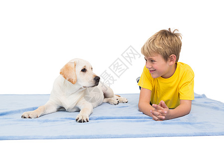 快乐的小男孩与小狗狗服装感情休闲男生毯子男性犬类小狗童年黄色图片