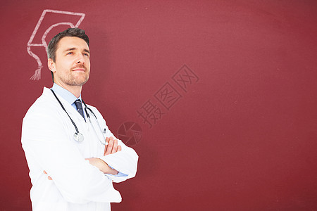 英俊年轻医生的复合形象 手举横跨服务男人数字实验双臂黑板计算机绘图专家红色图片