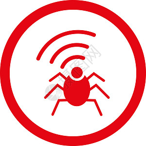 无线电间谍虫子平面红颜色四向矢量图标电脑秘密代理人技术收音机安全间谍匿名犯罪圆形图片