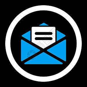 开放邮件平面蓝色和白彩色 四向矢量图标圆形垃圾邮件通讯邮政字形明信片背景电子邮件黑色邮资图片