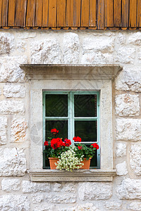 传统的高山石窗框架花朵历史性石膏村庄乡村蓝色建筑学风格窗台图片