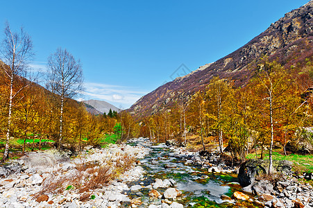 山山流生态蓝色高山岩石瀑布卵石树木激流天空力量图片