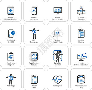 医疗和保健图标集 平面设计药物全球医院补给品病人电子卫生药店电脑情况图片