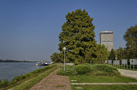 多瑙河沿线Ruse镇的河滨公园灯光花园支撑天空长椅灌木建筑公园大街港口图片