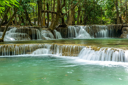 瀑布落水绿色叶子泳池溪流热带森林图片