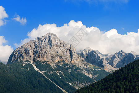 意大利特伦蒂诺运动松树森林全景蓝色远足旅行顶峰风景山脉图片