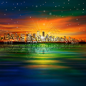 抽象背景 有范古华和日落的全景反射蓝色市中心城市插图艺术天空地平线摩天大楼景观图片