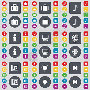 手提箱 便条 信息 监视器 地球仪 媒体窗口 灯光 媒体跳过图标符号 一大套平面彩色按钮 适合您的设计 向量图片