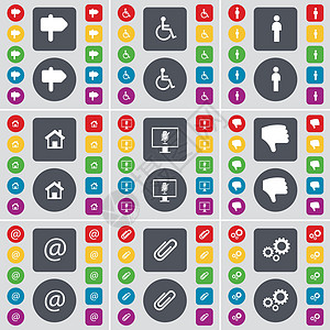 路标 残疾人 剪影 房屋 监视器 不喜欢 邮件 剪辑 齿轮图标符号 一大套平面彩色按钮 适合您的设计 向量图片