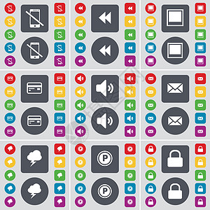 智能手机 倒带 窗口 信用卡 声音 消息 云 停车 锁定图标符号 一大套平面彩色按钮 适合您的设计 向量图片