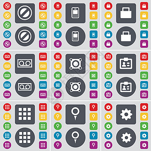 停止 手机 手提箱 盒式磁带 扬声器 联系人 应用程序 检查站 齿轮图标符号 一大套平面彩色按钮 适合您的设计 向量图片