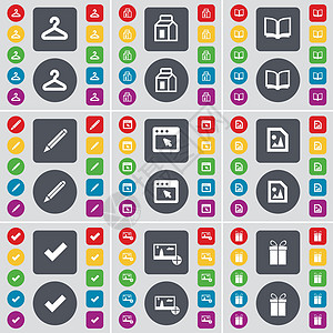 衣架 包装 书籍 铅笔 窗口 媒体文件 刻度线 图片 礼品图标符号 一大套平面彩色按钮 适合您的设计 向量图片