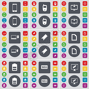 智能手机 手机 显示器 笔记本电脑 标记 文件 电池 销售图标符号 一大套平面彩色按钮 适合您的设计 向量图片