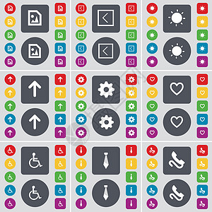 媒体文件 左箭头 灯 上箭头 齿轮 心脏 残疾人 领带 接收器图标符号 一大套平面彩色按钮 适合您的设计 向量图片