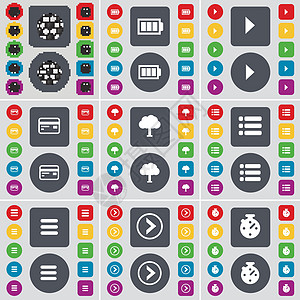 球 电池 媒体播放 信用卡 树 列表 应用程序 向右箭头 秒表图标符号 一大套平面彩色按钮 适合您的设计 向量图片
