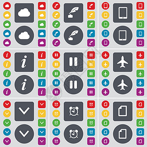 云 墨水笔 平板电脑 信息 暂停 飞机 向下箭头 闹钟图标符号 一大套平面彩色按钮 适合您的设计 向量图片