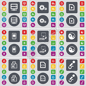 服务器 齿轮 媒体文件 手机 PC 阴阳 包装 文件 麦克风图标符号 一大套平面彩色按钮 适合您的设计 向量图片