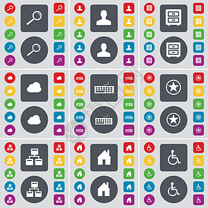 放大镜 阿凡达 床头柜 云 键盘 明星 网络 房屋 残疾人图标符号 一大套平面彩色按钮 适合您的设计 向量图片