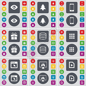视觉 冷杉树 智能手机 礼品 数据库 应用程序 窗口 监视器 媒体文件图标符号 一大套平面彩色按钮 适合您的设计 向量图片