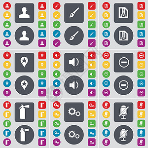 化身 刷子 ZIP 卡 检查站 声音 减号 灭火器 齿轮 麦克风图标符号 一大套平面彩色按钮 适合您的设计 向量图片