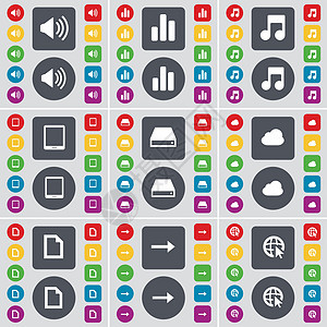 声音 图表 注释 平板电脑 硬盘驱动器 云 文件 向右箭头 Web 光标图标符号 一大套平面彩色按钮 适合您的设计 向量图片