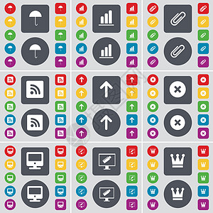伞 图 剪辑 RSS 向上箭头 停止 监视器 皇冠图标符号 一大套平面彩色按钮 适合您的设计 向量图片
