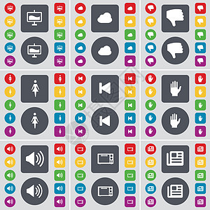 图 云 不喜欢 剪影 媒体跳过 手 声音 微波 报纸图标符号 一大套平面彩色按钮 适合您的设计 向量背景图片