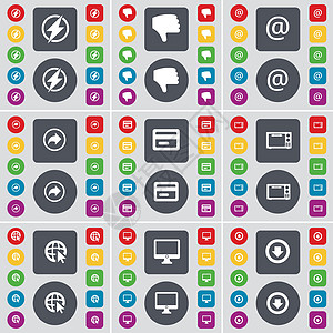 flashFlash 不喜欢 邮件 返回 信用卡 微波炉 Web 光标 监视器 向下箭头图标符号 一大套平面彩色按钮 适合您的设计 向量插画