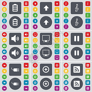 电池 向上箭头 Clef 扬声器 监视器 暂停 套接字 加号 RSS 图标符号 一大套平面彩色按钮 适合您的设计 向量图片