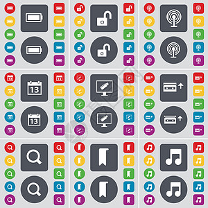 电池 锁 Wi-Fi 日历 监视器 盒式磁带 Magnifyign 玻璃 标记 注释图标符号 一大套平面彩色按钮 适合您的设计 图片