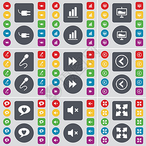 套接字 图表 图表 麦克风 倒带 向左箭头 聊天气泡 静音 全屏图标符号 一大套平面彩色按钮 适合您的设计 向量图片