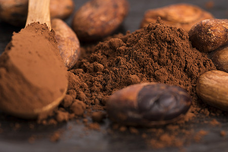 可可豆和勺中可可粉美味甜点香料美食食物核心糖果种子味道巧克力图片