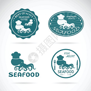 一套白色背景的矢量章鱼海产食品标签水族馆卡通片动物吉祥物勺子科学徽章乌贼热带海洋图片