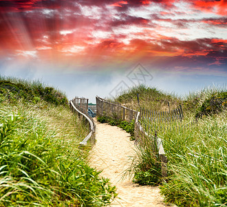 路过海滩旅游人行道天空沙丘海洋绿色小路支撑蓝色通道图片