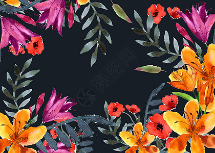 开花的野花 微妙的花朵 本底油漆水彩色叶子花束植物群艺术纺织品玫瑰婚礼邀请函装饰品标签图片
