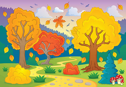 秋季风景季节森林农村草地叶子生长树叶太阳橡木蓝色图片
