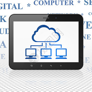 云网络概念平板电脑与云网络上显示软件触摸屏标签服务器蓝色药片计算工具网站笔记本图片
