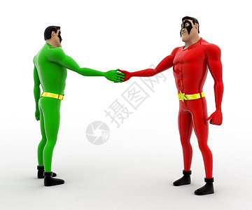 3D超级英雄握着另一个超级英雄概念的手卡通片图片