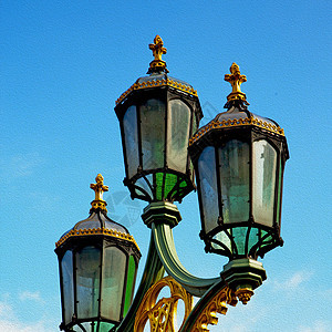 欧洲在隆登灯笼和抽象光照的天空中照明活力金属城市力量灯光邮政安全蓝色街道图片