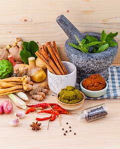 泰国食品食料和泰河邦的粘贴品组分胡椒美食厨房种子多样性食谱芳香肉桂味道营养图片