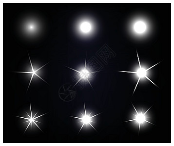 一组矢量闪亮和发光的照明效应恒星在黑色上火花星星耀斑强光庆典闪光白色辉光魔法插图图片