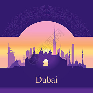 日落背景的迪拜天线双周光摩天大楼建筑学城市天空景观酋长旅行紫色地标海岸图片